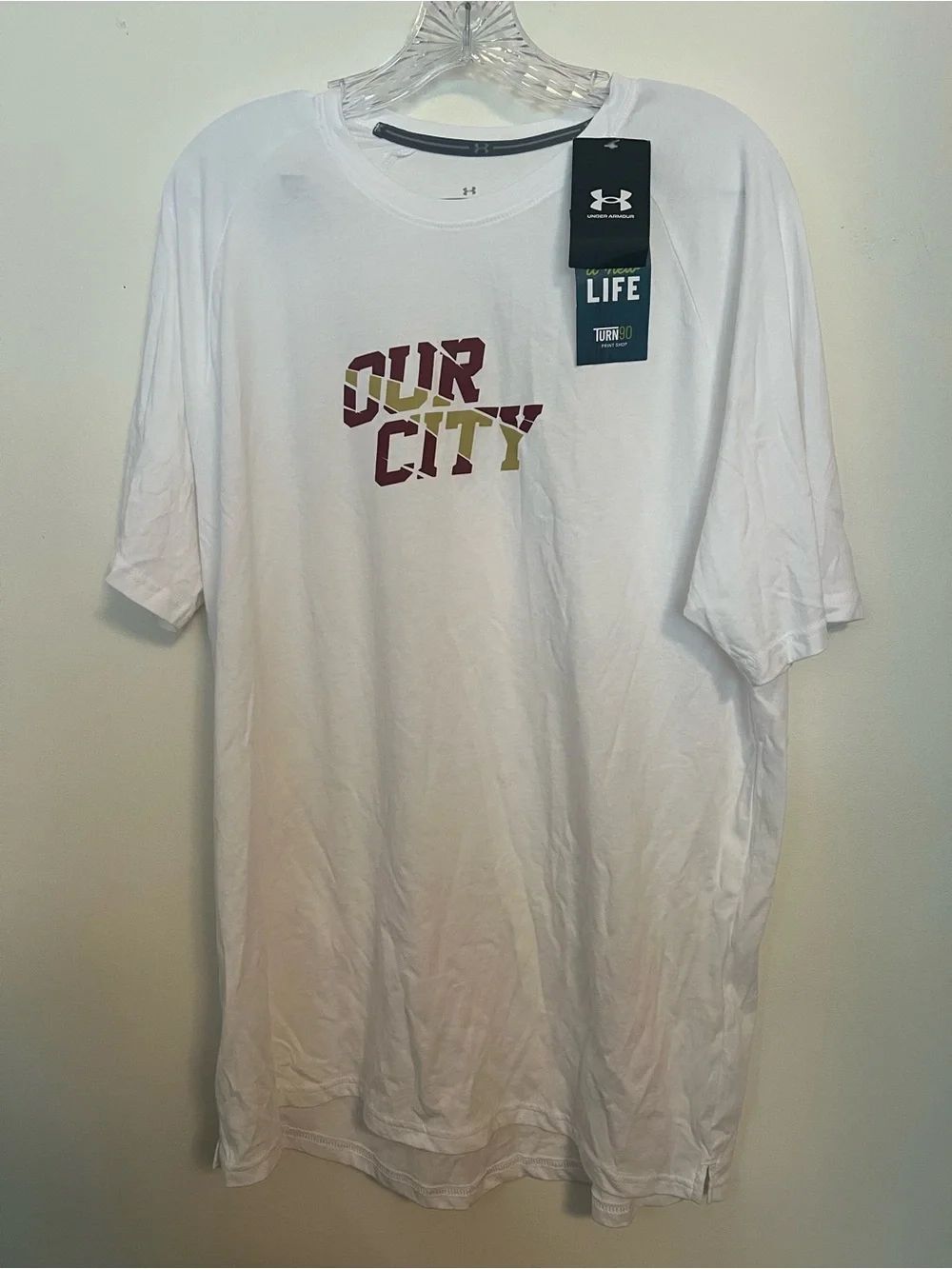 LG White Short-Sleeve Graphic Tee with Maroon and Olive Print
